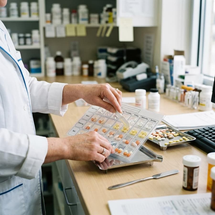 Pharmacist organizing multi-dose compliance packaging with doses sorted by day and time