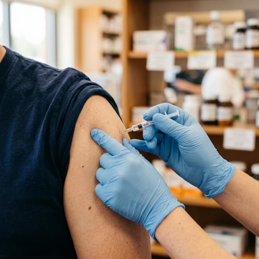 Close-up of gloved hands giving a vaccine injection in a patient's upper arm